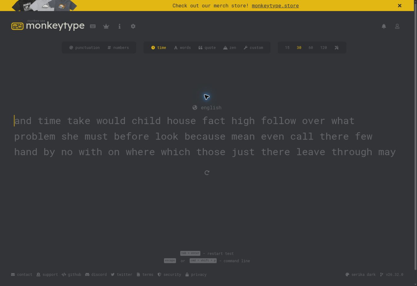Monkeytype typing test and test settings.
