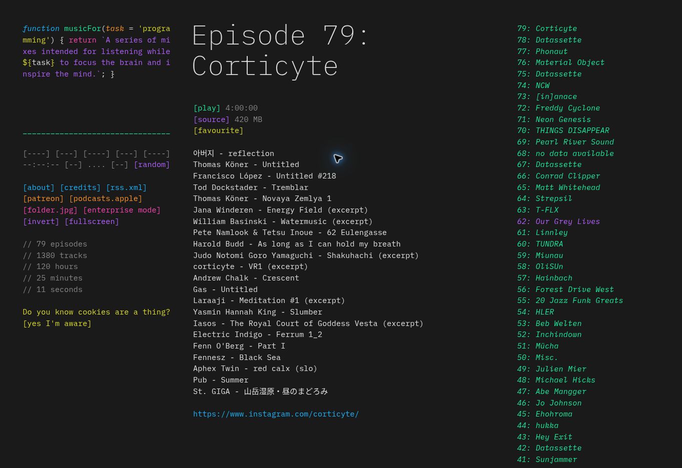 Music for Programming episode list and player.