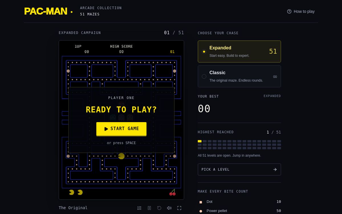 Pac-Man Arcade maze and game mode controls.