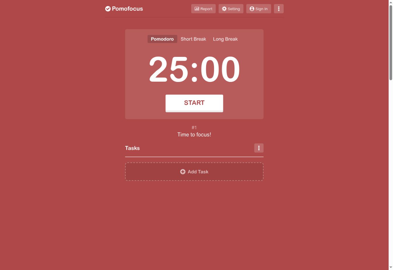 Pomofocus showing a twenty-five minute focus timer.